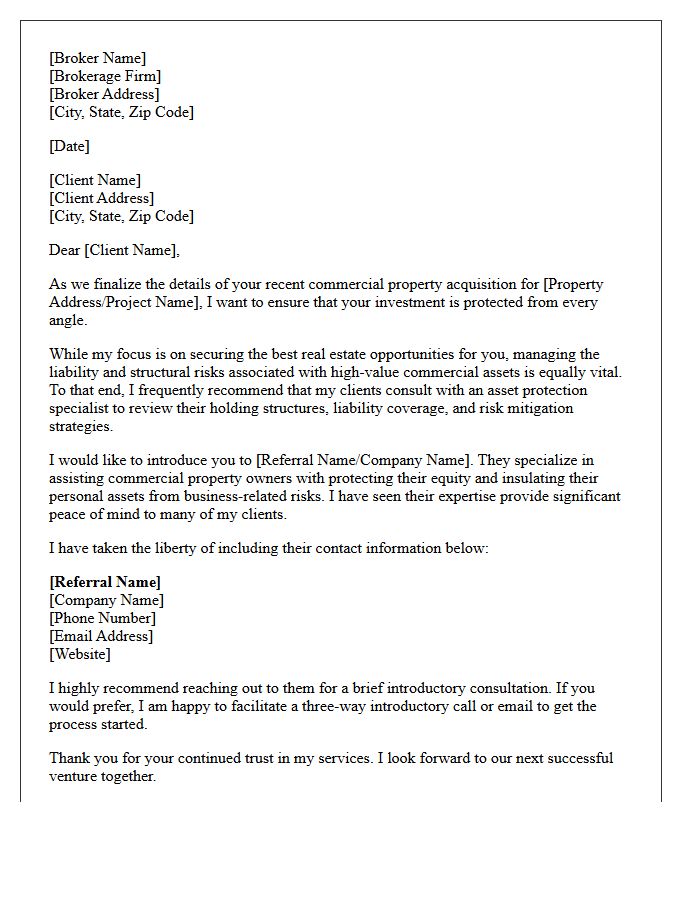 Client Asset Protection Referral Letter for Commercial Property Brokers