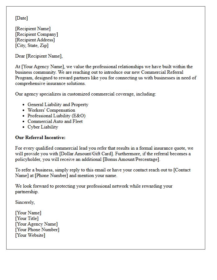 Insurance Agency Commercial Broker Referral Incentive Letter