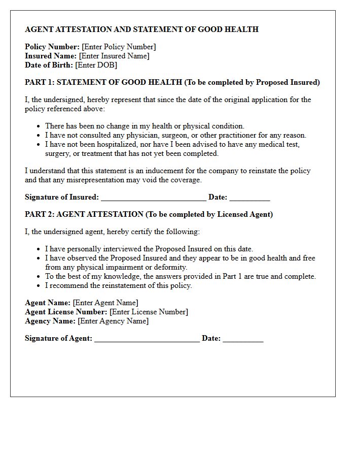 Agent Attestation and Statement of Good Health Reinstatement Letter