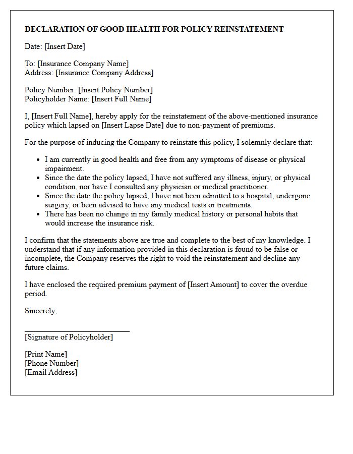 Client Declaration of Good Health for Reinstatement Letter