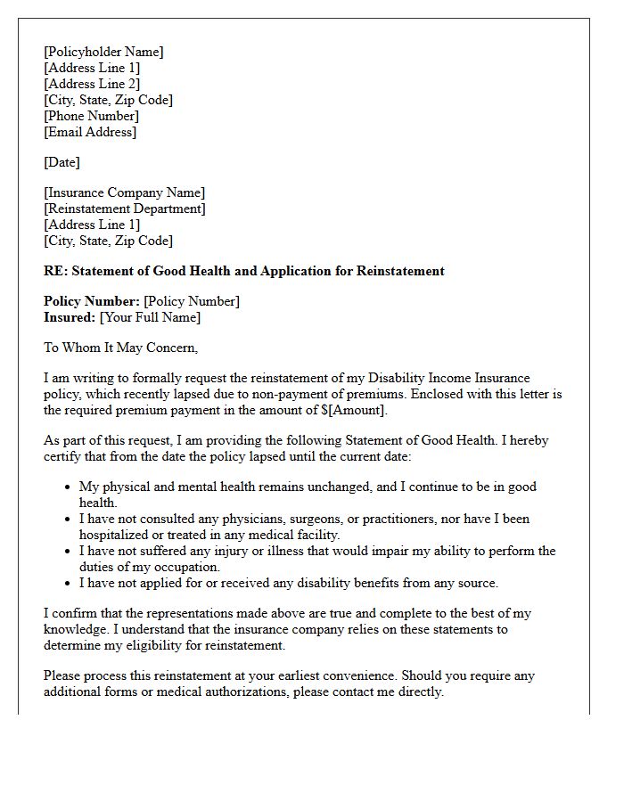 Disability Income Statement of Good Health Reinstatement Letter