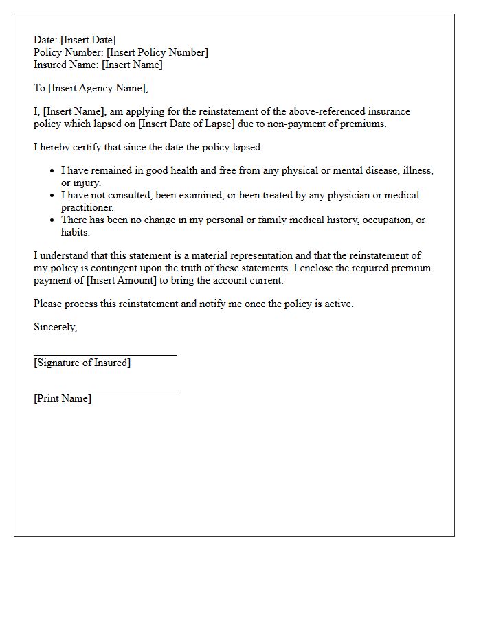General Agency Statement of Good Health Reinstatement Letter