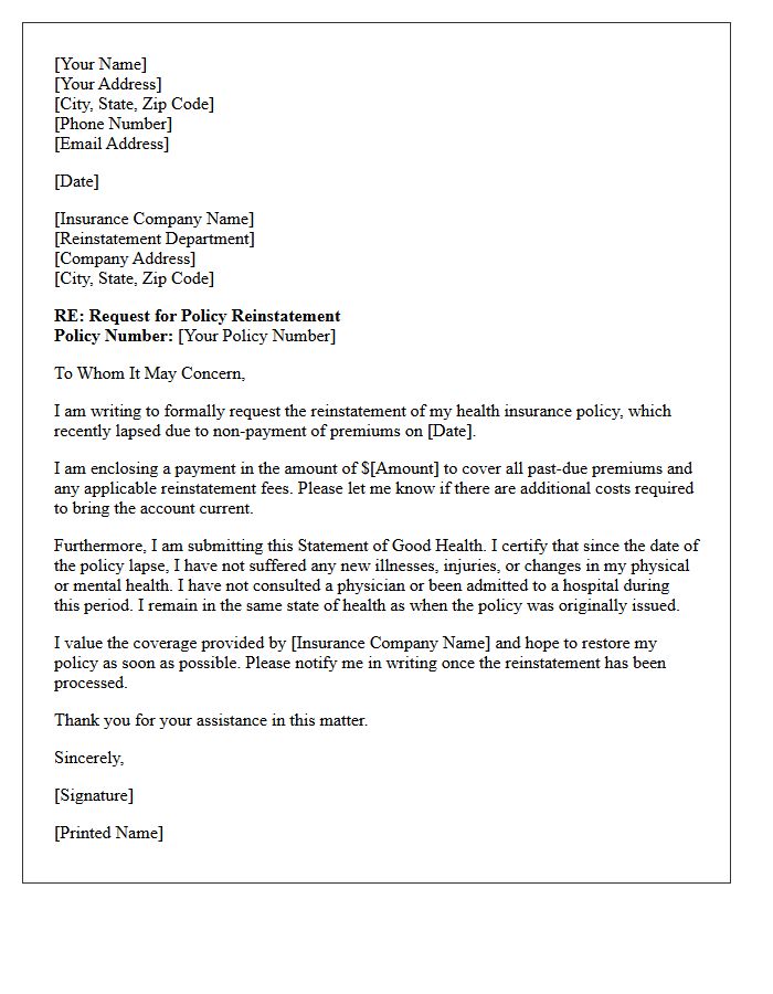 Health Insurance Lapsed Policy Good Health Reinstatement Letter