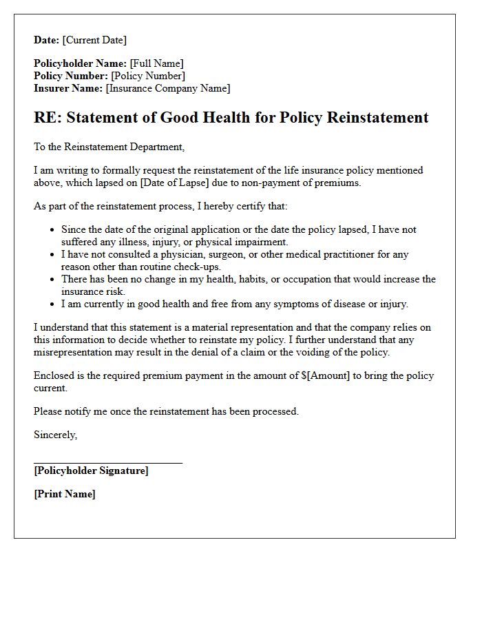 Life Insurance Statement of Good Health Reinstatement Letter
