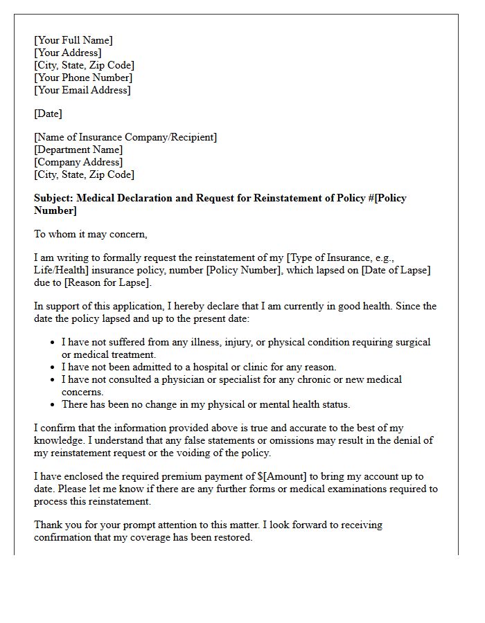 Medical Declaration and Good Health Reinstatement Letter