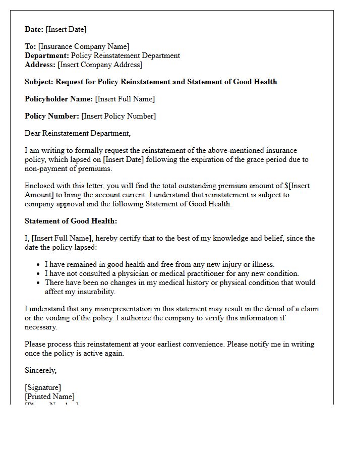 Post-Grace Period Statement of Good Health Reinstatement Letter