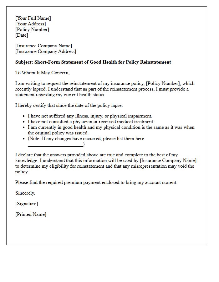 Short-Form Statement of Good Health Reinstatement Letter