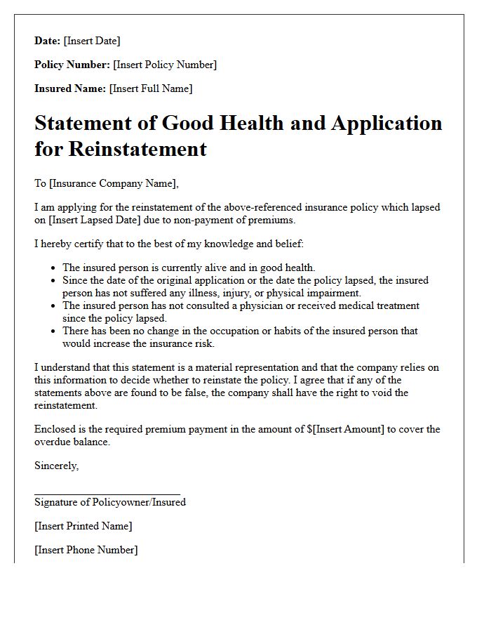 Standard Statement of Good Health for Policy Reinstatement Letter