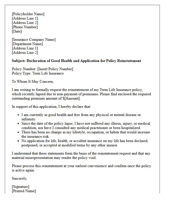 Term Life Policy Good Health Declaration Reinstatement Letter