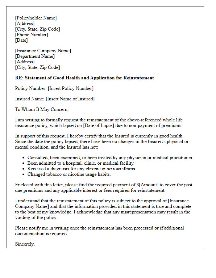 Whole Life Insurance Statement of Good Health Reinstatement Letter