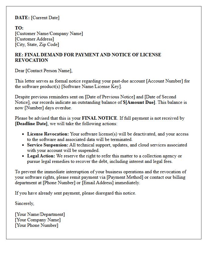 Defaulted Account Final Demand Letter for Software License Revocation
