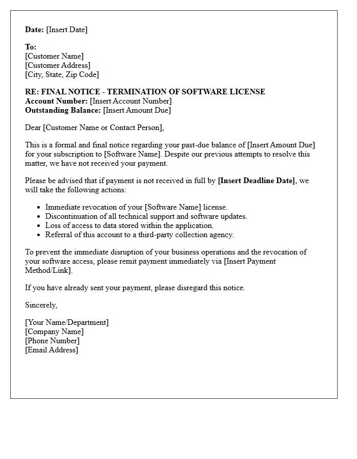 Final Debt Collection Letter for Impending Software License Revocation