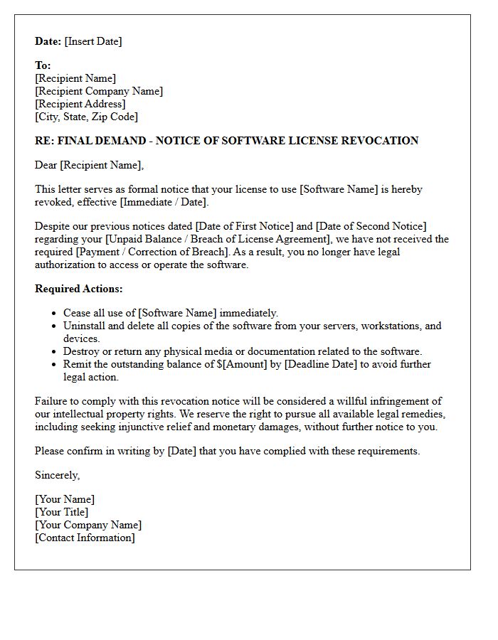 Final Demand Letter for Software License Revocation