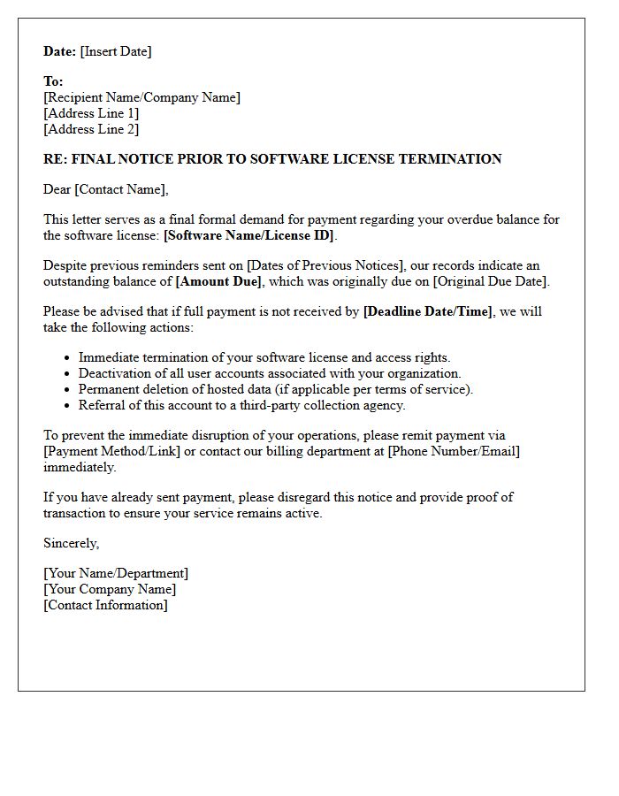 Final Payment Demand Letter Before Immediate Software License Termination
