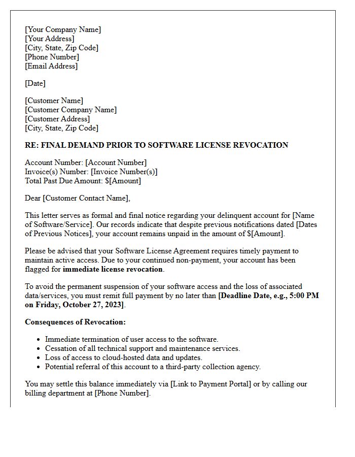 Pre-Revocation Final Demand Letter for Delinquent Software Accounts