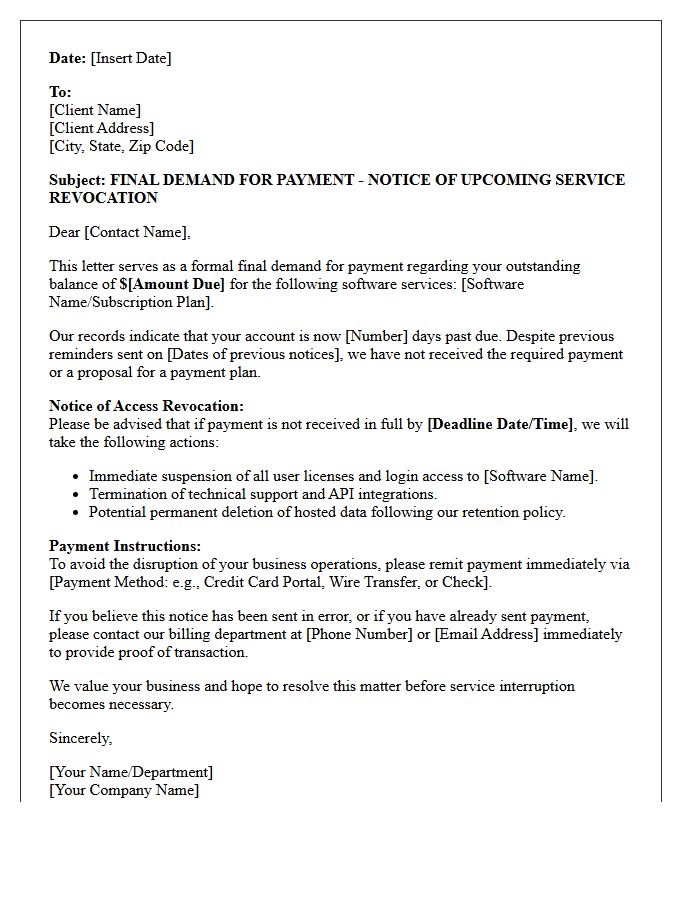 Software Access Revocation Final Demand Letter for Outstanding Debt