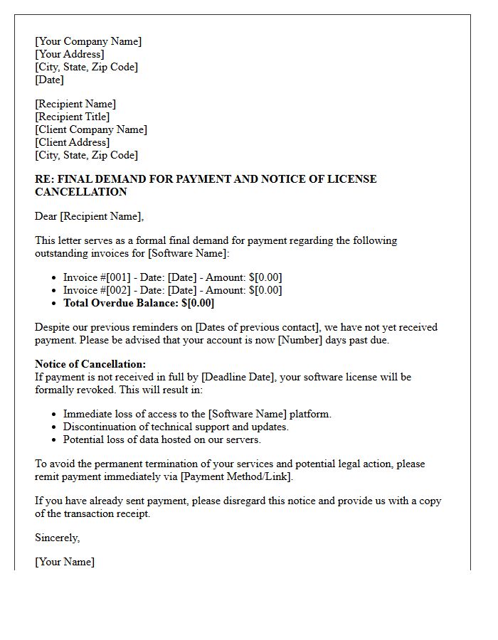 Software License Cancellation Final Demand Letter for Unpaid Invoices