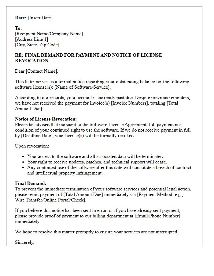 Software License Revocation Warning and Final Debt Demand Letter
