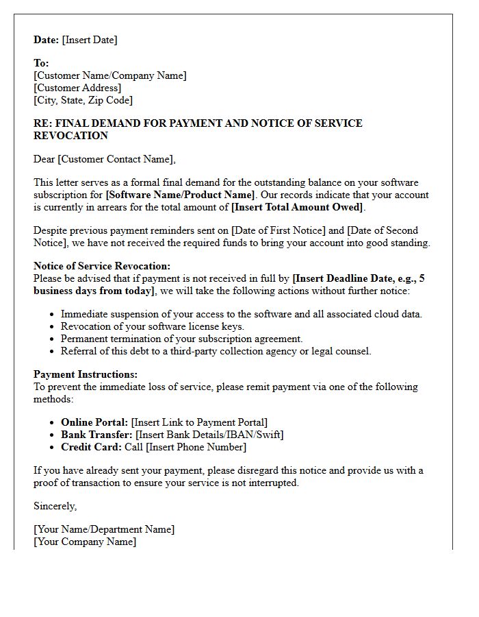 Software Subscription Arrears Final Demand Letter and Revocation Notice