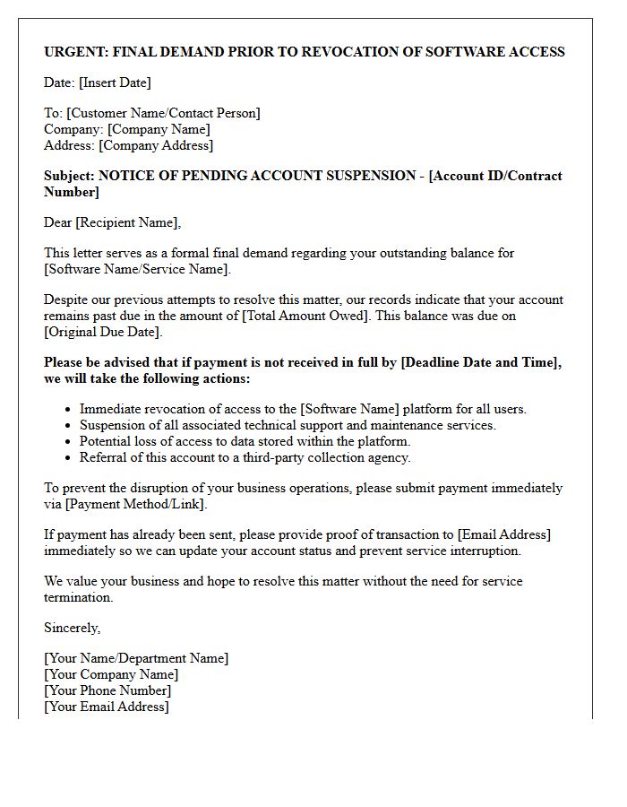 Urgent Final Demand Letter Prior to Software Access Revocation