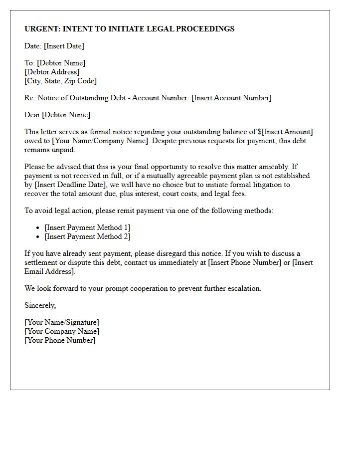 Debt Resolution or Imminent Litigation Letter
