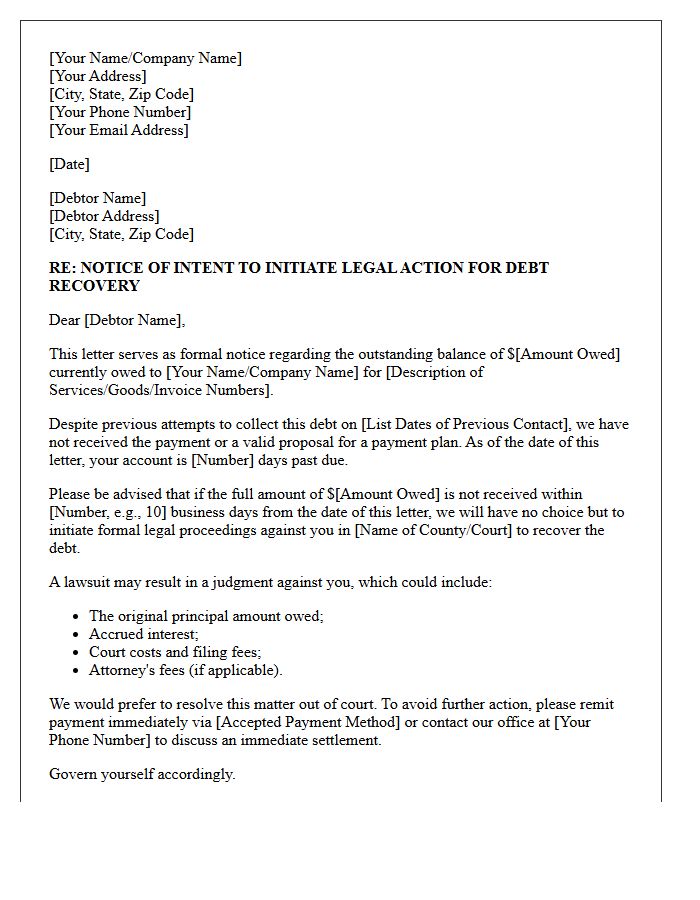 Intent to Initiate Lawsuit for Debt Recovery Letter