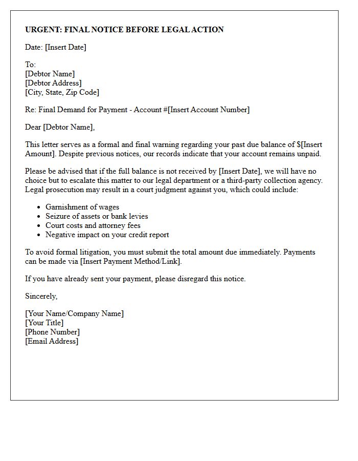 Legal Prosecution Warning for Past Due Balance Letter