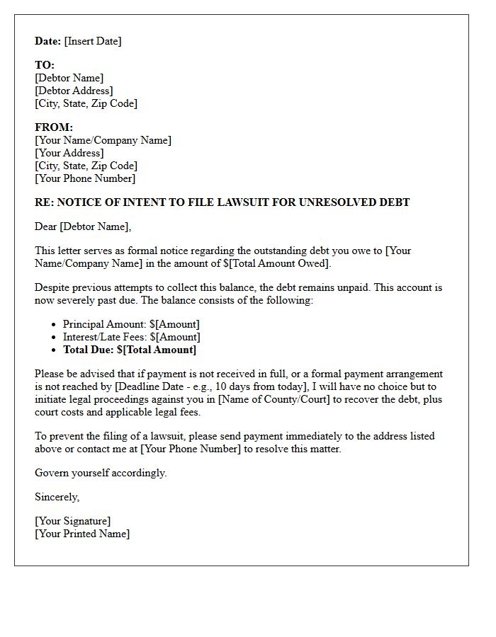 Notice of Lawsuit Intent for Unresolved Debt Letter