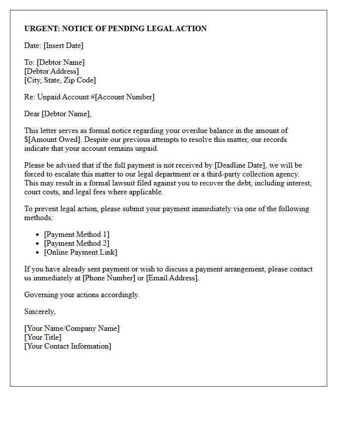 Notice of Pending Legal Action for Unpaid Account Letter
