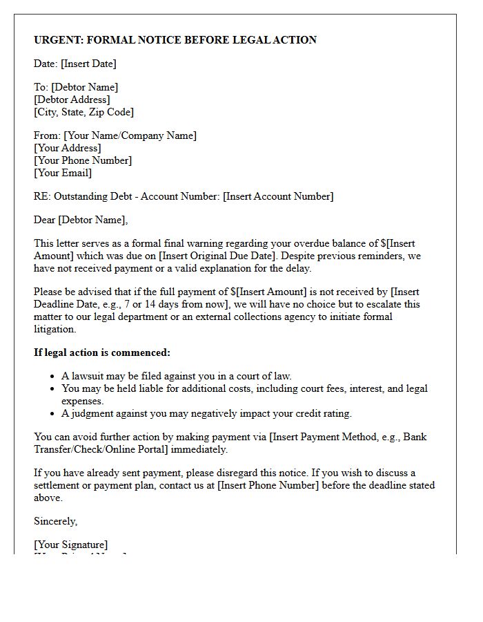 Pre-Litigation Debt Collection Warning Letter