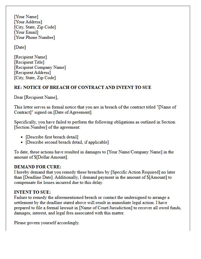 Breach of Contract and Lawsuit Intent Letter