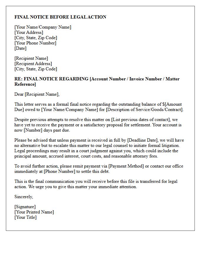 Final Notice Pre-Litigation Letter
