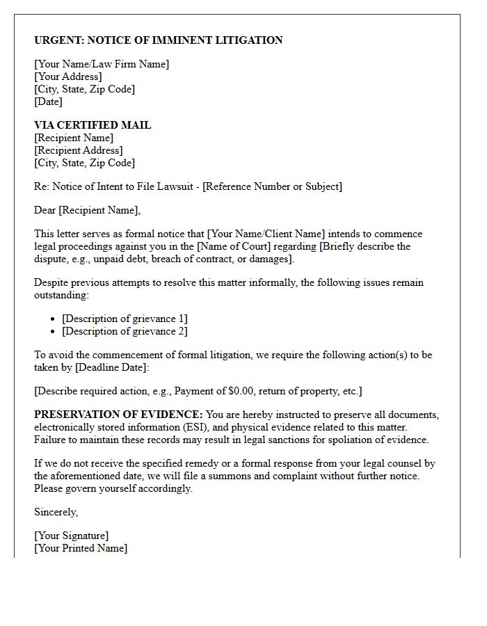 Imminent Litigation Notice Letter