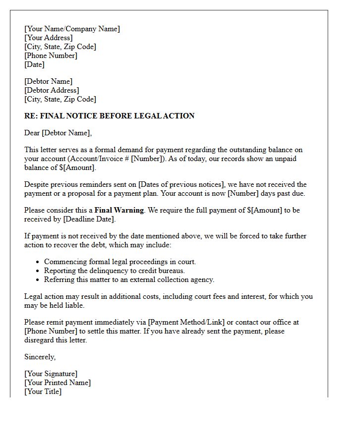 Legal Action Warning Letter for Unpaid Debt