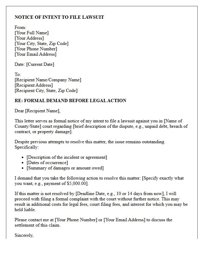 Notice of Intent to File Lawsuit Letter