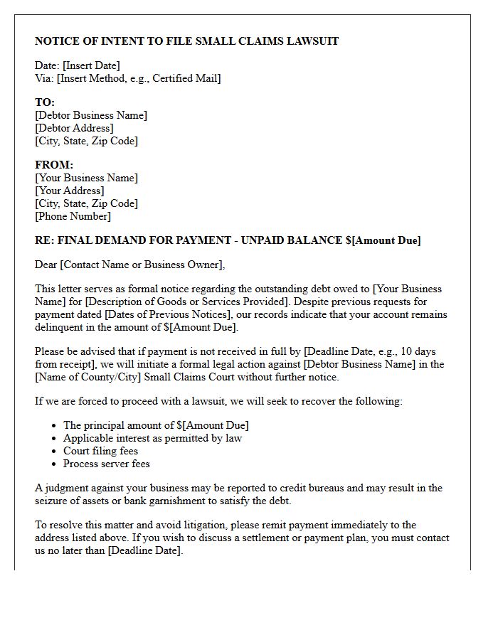 Commercial Debt Small Claims Filing Notice Letter