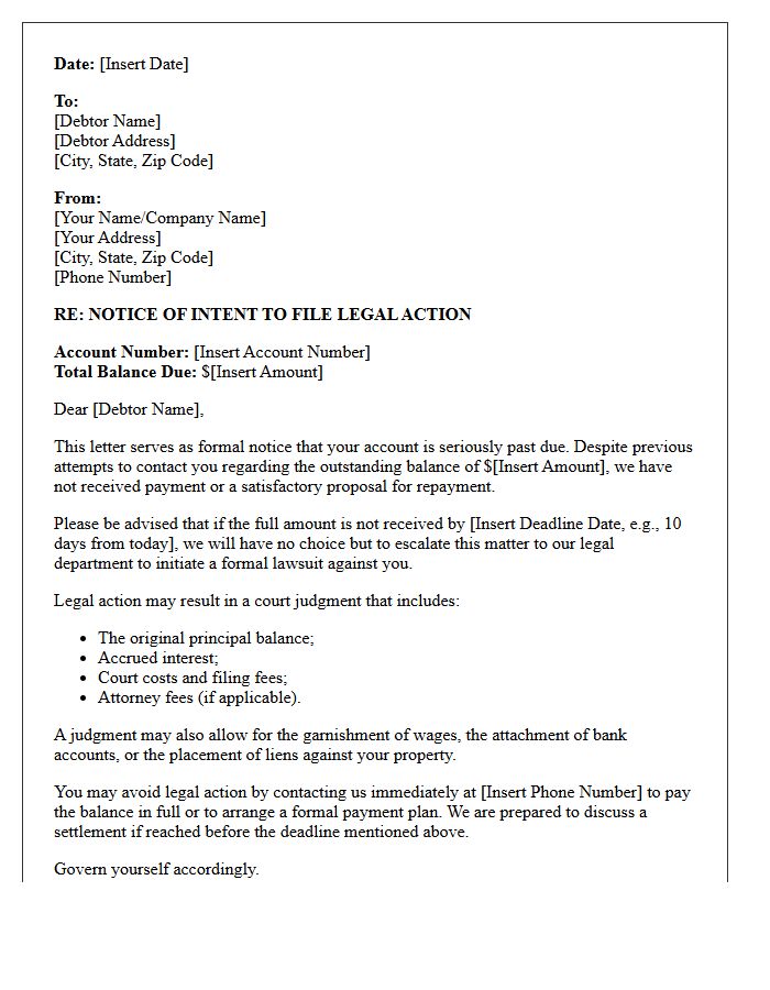 Consumer Debt Legal Action Intent Letter