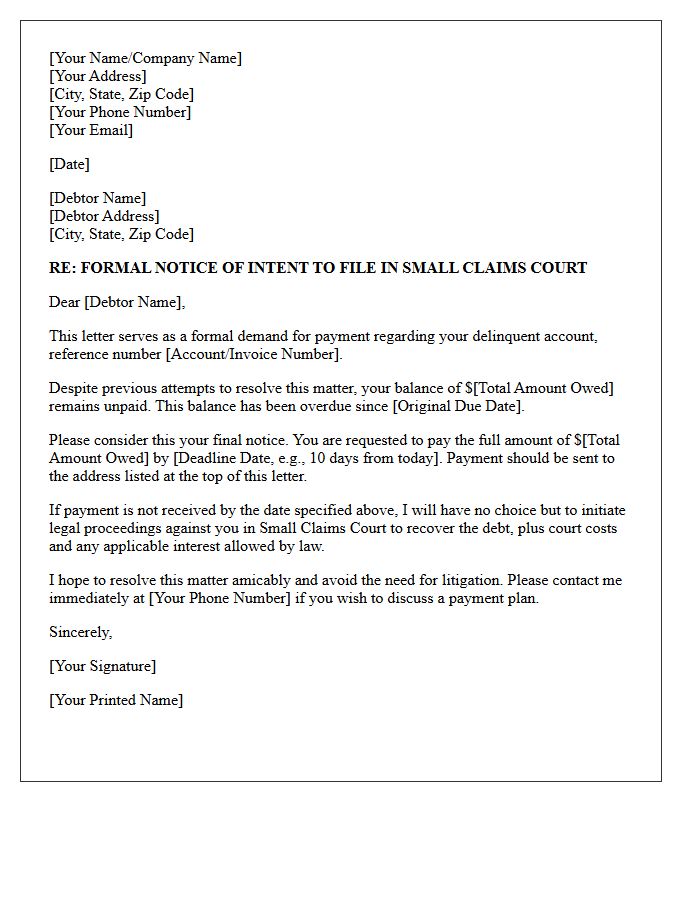 Delinquent Account Small Claims Notification Letter
