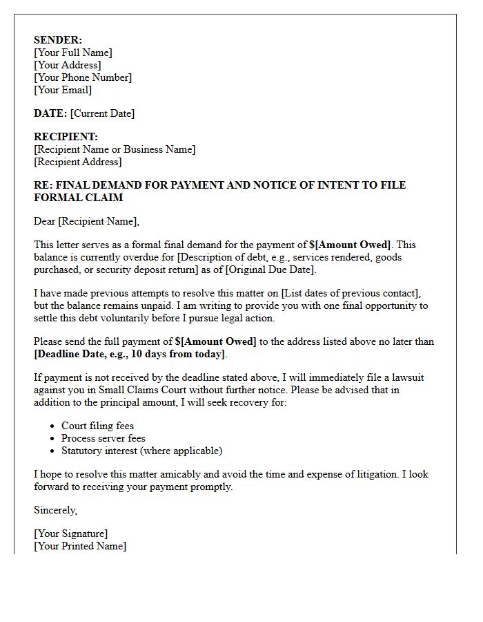Final Demand and Small Claims Intent Letter