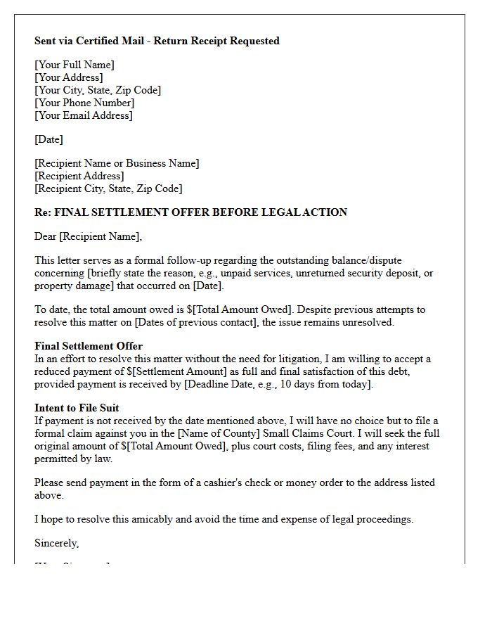 Final Settlement Offer and Small Claims Intent Letter