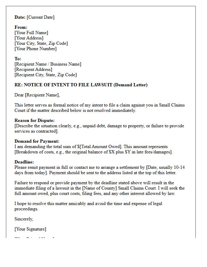 Notice of Intent to File Small Claims Action Letter