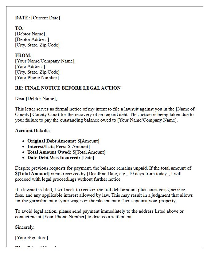 Notice of Intent to Sue for Unpaid Debt Letter