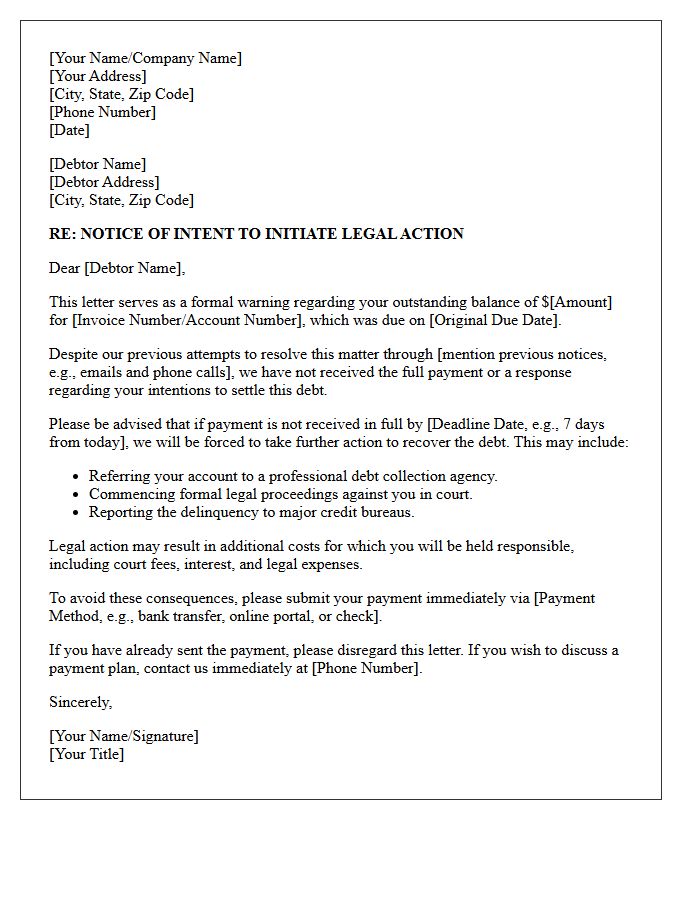 Outstanding Balance Legal Action Warning Letter
