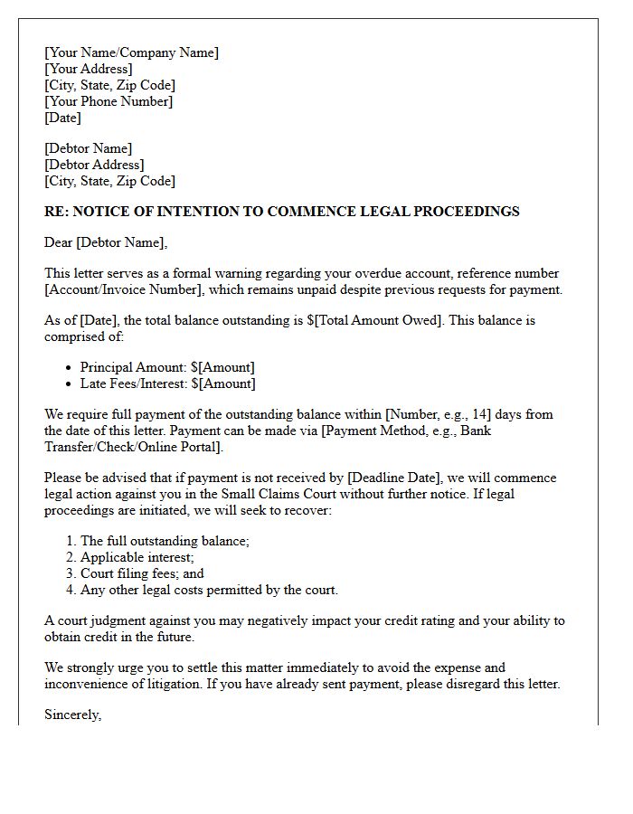 Overdue Account Small Claims Court Warning Letter
