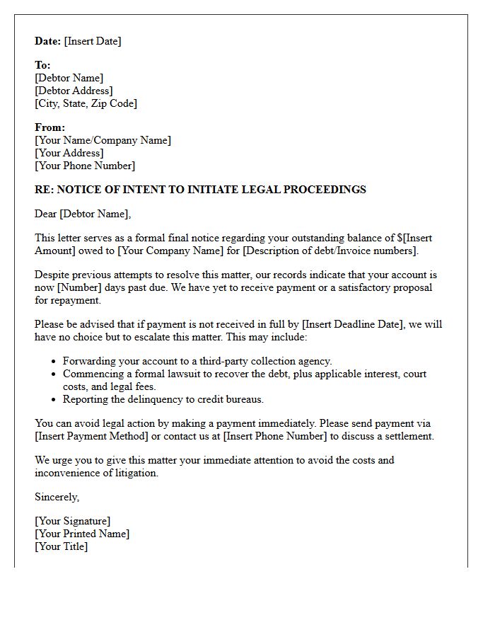 Pre-Litigation Debt Collection Warning Letter