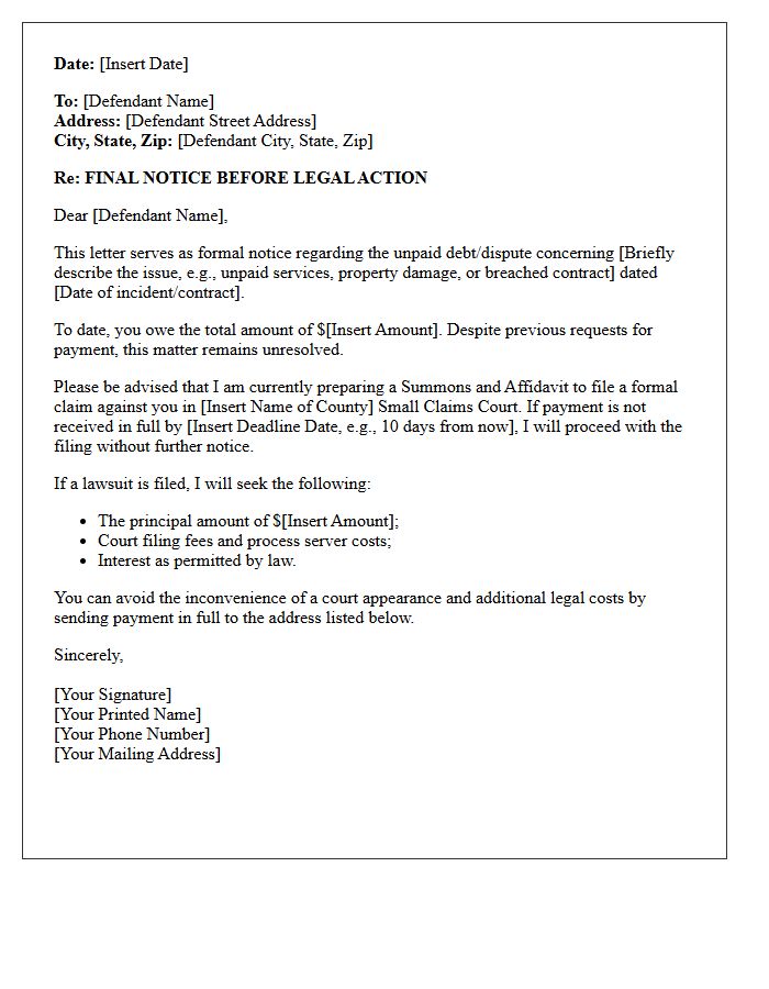 Small Claims Court Summons Preparation Letter