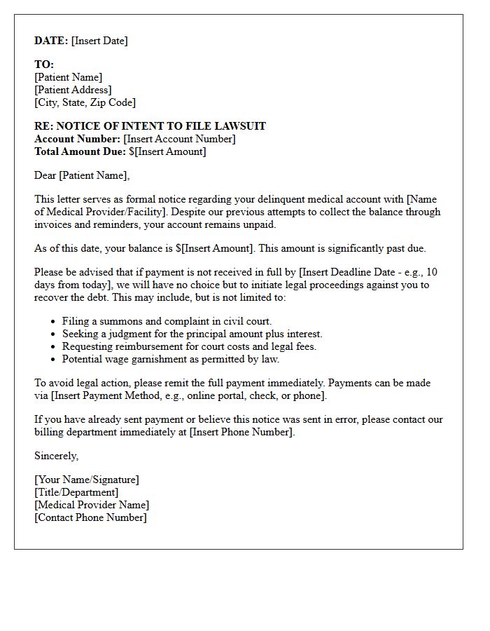 Delinquent Medical Account Intent to Sue Letter