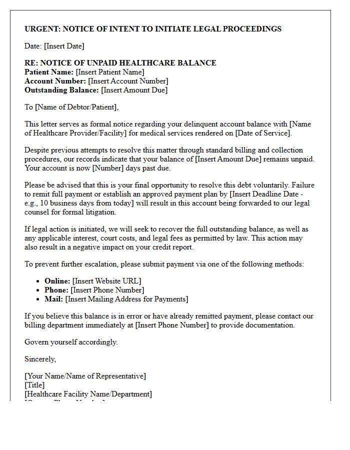 Formal Legal Action Intent Letter for Healthcare Balances