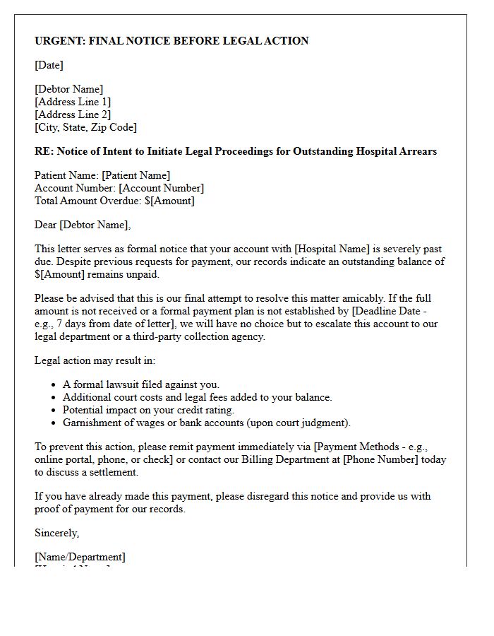 Hospital Arrears Legal Action Imminent Letter