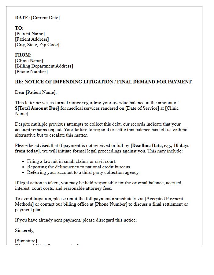 Impending Litigation Notice Letter for Unpaid Clinic Services